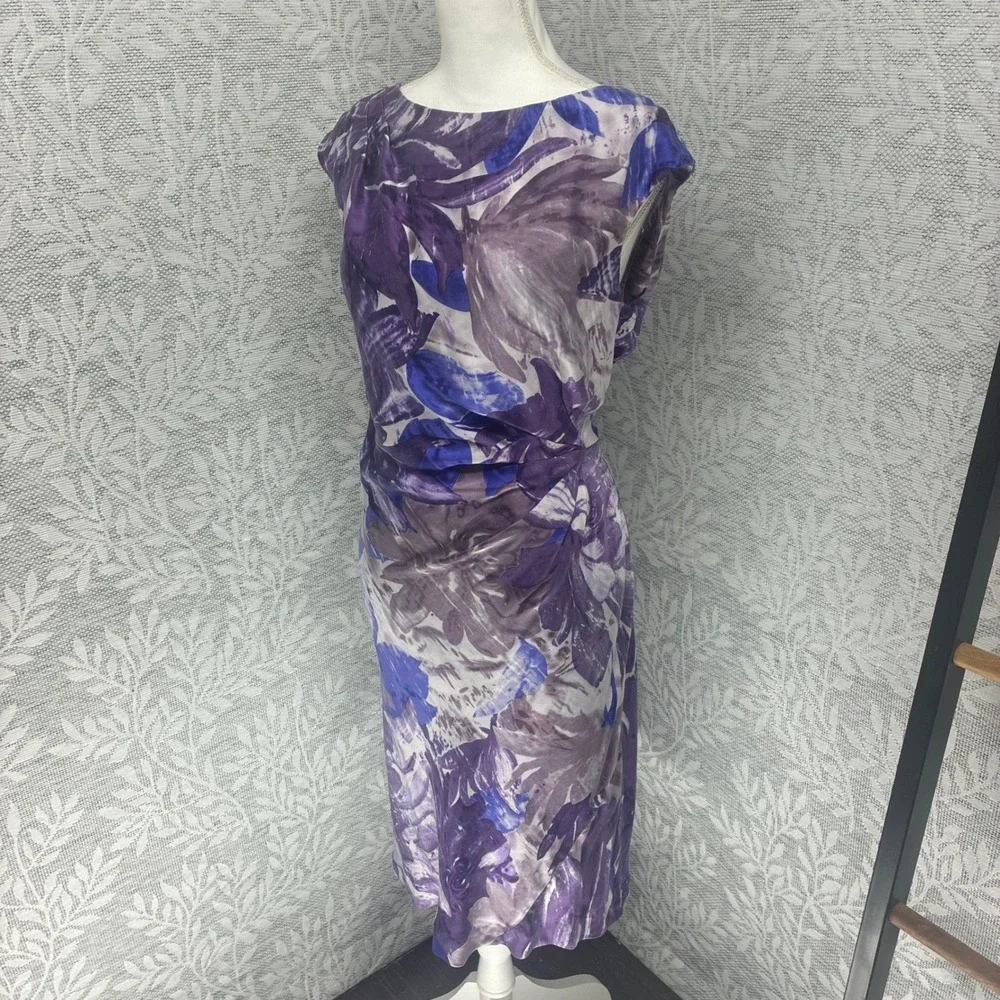 Suzi Chin Silk Dress 14 Purple‎ Floral Abstract Ruched Designer Luxury Cocktail